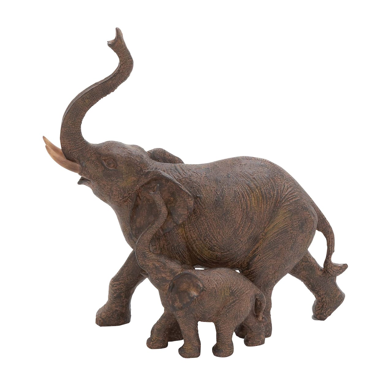 11" Brown Eclectic Polystone Elephants Sculpture